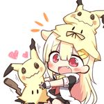  :d black_serafuku blonde_hair commentary_request cosplay crossover fang fingerless_gloves gen_7_pokemon gloves hair_flaps hair_ornament hair_ribbon hairclip hat heart jako_(jakoo21) kantai_collection long_hair mimikyu mimikyu_(cosplay) neckerchief open_mouth pleated_skirt pokemon pokemon_(creature) pokemon_(game) pokemon_sm red_eyes remodel_(kantai_collection) ribbon scarf school_uniform serafuku skirt smile white_scarf yuudachi_(kantai_collection) 