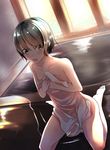  bangs black_hair blue_eyes blush comah commentary_request covering covering_chest eyebrows_visible_through_hair hands_on_own_chest indoors kneeling nude_cover onsen open_mouth original own_hands_together shiny shiny_hair short_hair solo teeth towel 