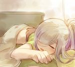  1girl asashimo_(kantai_collection) eyes_closed female hair_over_one_eye kantai_collection lying megtamine on_bed on_stomach open_mouth ponytail sleeping solo 