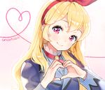  aikatsu! aikatsu!_(series) ancotaku artist_name bangs blonde_hair blush bow closed_mouth commentary_request hair_bow hairband heart heart_hands heart_of_string hoshimiya_ichigo idol jacket long_hair long_sleeves looking_at_viewer partial_commentary pink_eyes red_bow signature smile solo upper_body 