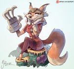  2017 anthro aviator_cap awesomenauts canine claws clothed clothing digital_media_(artwork) dodgyrommer female fox gun legwear looking_at_viewer mammal melee_weapon penny_fox ranged_weapon simple_background sitting smile solo stockings suit video_games weapon 
