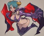  aqua_hair armlet boots breasts cape carrera cleavage crop_top demon_horns demon_tail elbow_gloves foreshortening fushoku gloves grey_background high_heel_boots high_heels horns looking_at_viewer medium_breasts panties pointy_ears purple_footwear purple_gloves purple_legwear purple_panties red_eyes short_hair sideboob sidelocks skull_necklace smile solo tail thigh_boots thighhighs underwear viper_gts 