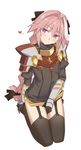  astolfo_(fate) black_legwear blush braid fang fate/apocrypha fate_(series) garter_straps hair_ribbon long_hair looking_at_viewer male_focus ningen_(ningen96) otoko_no_ko pink_hair purple_eyes ribbon single_braid smile solo thighhighs 