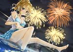  blonde_hair blush braid breasts brown_eyes chain-link_fence commentary_request earrings fence fireworks highres hinabita izumi_ibuki jewelry kuria_(clear_trip_second) looking_at_viewer medium_breasts ponytail pool smile soaking_feet solo water 
