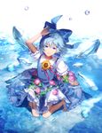  :d barefoot blue_bow blue_dress blue_eyes blue_hair bow cirno commentary dress flower frilled_sleeves frills full_body hair_between_eyes hair_bow hidden_star_in_four_seasons highres ice ice_wings kneeling looking_at_viewer morning_glory open_mouth puffy_short_sleeves puffy_sleeves short_hair short_sleeves smile solo sunakumo sunflower tan tanned_cirno touhou wings 