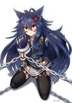  alternate_costume anger_vein animal_ears bdsm black_legwear blue_hair bondage bound chain chained chained_wrists fang fenrir_(shingeki_no_bahamut) garter_straps granblue_fantasy hair_between_eyes highres jacket kuronekozero long_hair long_sleeves looking_at_viewer paws pleated_skirt red_eyes restrained shingeki_no_bahamut simple_background skirt solo tail thighhighs very_long_hair white_background wolf_ears wolf_tail 