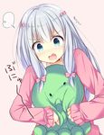  3: =3 aqua_eyes ari_(ariburo) bangs blush bow d: eromanga_sensei eyebrows_visible_through_hair grey_background hair_bow izumi_sagiri long_hair long_sleeves looking_down nose_blush open_mouth pajamas pink_bow silver_hair simple_background solo stuffed_animal stuffed_octopus stuffed_toy upper_body v-shaped_eyebrows 