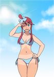 1girl ;d bangs blue_bikini blue_eyes blue_sky breasts cleavage collarbone dark_skin day fuuro_(pokemon) gym_leader hair_bun hair_ornament hairclip hand_on_hip hips large_breasts legs looking_at_viewer navel open_mouth outdoors pokemon pokemon_(game) pokemon_bw pokemon_bw2 red_hair salute sky smile solo standing stomach swept_bangs tan tanline teeth wide_hips 