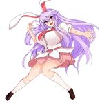  :d animal_ears bangs blush breasts bunny_ears commentary_request full_body highres huge_breasts kneehighs long_hair looking_at_viewer miniskirt necktie open_mouth pink_eyes pink_skirt puffy_short_sleeves puffy_sleeves purple_hair red_neckwear reisen_udongein_inaba shirt short_sleeves simple_background skirt smile socks solo sprout_(33510539) standing swept_bangs touhou very_long_hair white_background white_legwear white_shirt 