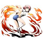  adjusting_buruma adjusting_clothes blue_buruma buruma divine_gate fate/kaleid_liner_prisma_illya fate_(series) fire from_behind full_body gym_uniform highres kneehighs leaning_forward leg_up looking_at_viewer looking_back open_mouth orange_eyes red_hair shirt short_hair short_sleeves solo standing tanaka_(fate/kaleid_liner) transparent_background ucmm white_legwear white_shirt 