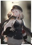  border breasts character_name cleavage copyright_name earrings echosdoodle english fur_trim girls_frontline hat highres holding jewelry kar98k_(girls_frontline) long_hair long_shirt long_sleeves medium_breasts parted_lips peaked_cap rain red_eyes skirt solo vest white_hair wide_sleeves 