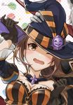  1girl animal_ears beatrix_(granblue_fantasy) black_gloves blush breasts brown_eyes brown_hair cape cleavage dark_skin dark_skinned_male detached_sleeves erune eustace_(granblue_fantasy) food food_themed_background gloves grabbing granblue_fantasy halloween halloween_costume hat jack-o'-lantern long_hair macaron macaron_background medium_breasts one_eye_closed open_mouth out_of_frame polka_dot polka_dot_background twitter_username uruha_(yw1109) wavy_mouth white_gloves white_hair witch_hat 