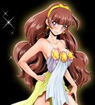  amanogawa_kirara bangs big_hair blunt_bangs breasts brown_hair earrings eyelashes eyeliner go!_princess_precure hairband hand_on_hip jewelry kita_kazuki long_hair looking_at_viewer makeup medium_breasts nipples no_bra precure purple_eyes smile solo spaghetti_strap sparkle star star_earrings twintails very_long_hair yellow_hairband 