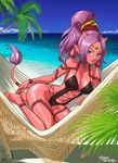  barefoot beach blue_eyes breasts cleavage day dragon_quest dragon_quest_x earrings full_body hammock headpiece high_ponytail horns jewelry large_breasts long_hair looking_at_viewer ocean ogre_(dq10) outdoors pointy_ears purple_hair red_eyes red_skin solo spikes swimsuit tail tattoo ur_(wulfa) 