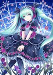  aqua_eyes aqua_hair ascot bangs black_dress commentary_request dress eyebrows_visible_through_hair flower frilled_dress frilled_hairband frilled_sleeves frills gothic_lolita hair_flower hair_ornament hair_ribbon hairband hatsune_miku knees_together_feet_apart konayama_kata leaf lolita_fashion long_hair looking_at_viewer nail_polish own_hands_together pantyhose puffy_short_sleeves puffy_sleeves ribbon scrunchie short_sleeves smile solo twintails vocaloid wrist_scrunchie 