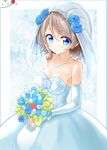  absurdres bad_id bad_pixiv_id blue_dress blue_eyes blue_flower blue_wedding_dress bouquet bridal_veil brown_hair collarbone dress elbow_gloves eyebrows_visible_through_hair flower gloves hair_between_eyes hair_flower hair_ornament highres holding holding_bouquet jewelry looking_at_viewer love_live! love_live!_sunshine!! nanakusa_amane necklace red_flower short_hair sleeveless sleeveless_dress smile solo standing strapless strapless_dress veil watanabe_you wedding_dress white_flower white_gloves 