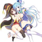  :d aqua_(konosuba) bandaged_leg bandages barefoot black_hair black_legwear blue_eyes blue_hair blue_skirt blush bow bowtie breasts breasts_outside brown_hair cape closed_mouth collar collarbone detached_sleeves dress dress_lift dress_pull eyebrows_visible_through_hair green_bow green_neckwear groin hair_between_eyes hair_rings hand_on_another's_shoulder hat index_finger_raised kono_subarashii_sekai_ni_shukufuku_wo! leg_up legs_up long_hair long_legs long_sleeves medium_breasts megumin multiple_girls navel nipples open_clothes open_mouth open_shirt own_hands_together pleated_skirt red_eyes shirt short_hair_with_long_locks simple_background single_thighhigh skirt skirt_pull smile thighhighs very_long_hair white_background white_legwear witch witch_hat youta 