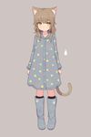  animal_ears arms_at_sides bangs black_legwear blue_footwear blunt_bangs blush boots brown_hair buttons cat_ears cat_tail closed_mouth droplet expressionless eyebrows_visible_through_hair full_body highres knee_boots kneehighs legs_together long_hair long_sleeves looking_at_viewer no_pupils original paw_print raincoat rubber_boots shiny shiny_hair shone solo standing tail triangle_print yellow_eyes 
