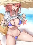  absurdres animal_ears bikini blue_bikini blush breasts cleavage fang fate/grand_order fate_(series) fox_ears fox_tail goldenhee hat highres large_breasts long_hair looking_at_viewer navel ocean pink_hair shirt sitting solo straw_hat sun_hat swimsuit tail tamamo_(fate)_(all) tamamo_no_mae_(fate) tamamo_no_mae_(swimsuit_lancer)_(fate) v wariza yellow_eyes 