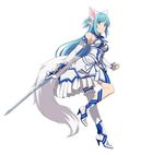  animal_ears asuna_(sao) asuna_(sao-alo) blue_eyes blue_hair breasts detached_sleeves dress fake_animal_ears floating_hair fox_ears fox_tail full_body hairband high_heels holding holding_sword holding_weapon leg_up long_hair looking_at_viewer medium_breasts official_art pointy_ears simple_background sleeveless sleeveless_dress smile solo standing strapless strapless_dress sword sword_art_online sword_art_online:_code_register tail very_long_hair weapon white_background white_dress white_hairband 
