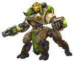  arm_cannon arnold_tsang centauroid clenched_hand full_body highres horns no_humans official_art omnic orisa_(overwatch) overwatch robot solo transparent_background weapon yellow_eyes 