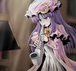 bangs blurry bow bowtie capelet commentary_request crescent depth_of_field dress hair_bow hat instrument kamishima_kanon long_hair long_sleeves mob_cap music pajamas parted_bangs patchouli_knowledge pinky_out playing_instrument purple_hair red_bow ringed_eyes saxophone sidelocks solo sweat touhou turn_pale upper_body white_dress yellow_bow yellow_neckwear 