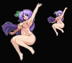  arm_up armpits bangs bare_arms bare_legs barefoot bikini black_background breasts commentary_request eyebrows_visible_through_hair front-tie_bikini front-tie_top full_body hair_ornament knees_together_feet_apart large_breasts long_hair looking_at_viewer micro_bikini navel open_mouth pixel_art purple_eyes purple_hair simple_background smile stomach swimsuit takorin touhou tsukumo_benben untied untied_bikini very_long_hair 