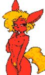  2016 anthro black_sclera blonde_hair breasts cinnamon_swirl digital_media_(artwork) duckdraw eeveelution female flareon fur hair low_res nintendo nipples nude pixel_(artwork) pok&eacute;mon pubes red_eyes red_fur simple_background solo video_games white_background yellow_fur 