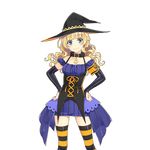  amelie_mcgregor blonde_hair bridal_gauntlets collar dress eyebrows_visible_through_hair hands_on_hips hat long_hair looking_at_viewer mmu official_art smile solo striped striped_legwear thighhighs transparent_background uchi_no_hime-sama_ga_ichiban_kawaii underbust vertical_stripes witch_hat 