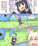  :x animal_ears black_hair blonde_hair bow bowtie cerulean_(kemono_friends) comic commentary common_raccoon_(kemono_friends) fang fennec_(kemono_friends) food fox_ears fox_tail japari_bun kemono_friends multicolored_hair multiple_girls open_mouth oyoneko raccoon_ears raccoon_tail short_hair short_sleeves skirt tail translated washing 