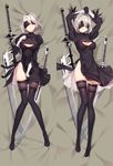  arms_up black_blindfold black_dress black_gloves black_hairband black_legwear blindfold boots breasts cleavage cleavage_cutout covered_navel dakimakura dress feather-trimmed_sleeves gloves hairband juliet_sleeves legs long_sleeves lying medium_breasts mole mole_under_mouth multiple_views nier_(series) nier_automata o-yatsu puffy_sleeves short_hair silver_hair smile sword thigh_boots thighhighs thighhighs_under_boots thighs turtleneck turtleneck_dress vambraces virtuous_contract weapon yorha_no._2_type_b 