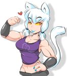  &lt;3 2016 4_fingers animal_humanoid armor breasts cat_humanoid cleavage clothed clothing duckdraw feline female flexing fur gauntlets gloves hair humanoid mammal midriff muscular muscular_female shirt simple_background slit_pupils smile snowy_(duckdraw) solo tank_top thick_bottom_lip white_background white_fur white_hair yellow_sclera 