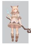  animal_ears blonde_hair blue_eyes boots border brown_dress brown_footwear character_name collarbone copyright_name dress echosdoodle full_body grey_background ice ice_master_(tree_of_savior) long_hair looking_away parted_lips signature solo staff tree_of_savior 