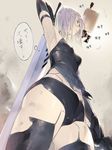  armpits bubuzuke dirty_face dual_wielding elbow_gloves from_below gloves holding navel nier_(series) nier_automata silver_hair sword thighhighs translated weapon yorha_type_a_no._2 