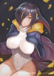  black_hair blonde_hair breasts commentary covered_navel emperor_penguin_(kemono_friends) english_commentary hair_over_one_eye highleg highleg_leotard hood hood_down hoodie kemono_friends large_breasts leotard multicolored_hair negister open_clothes open_hoodie orange_eyes patreon_username red_hair smile solo streaked_hair white_leotard 