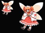  &gt;:) ascot bangs black_background black_footwear blue_eyes bow closed_mouth commentary_request eyebrows_visible_through_hair fairy_wings full_body hair_bow hands_on_hips long_sleeves mary_janes orange_hair pixel_art red_bow shoes simple_background smile socks sunny_milk takorin touhou two_side_up v-shaped_eyebrows white_legwear wide_sleeves wings 