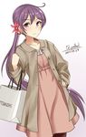  akebono_(kantai_collection) alternate_costume artist_name bag bell brown_jacket collarbone dated dress flower gradient gradient_background grey_background hair_bell hair_between_eyes hair_flower hair_ornament jacket jingle_bell kantai_collection long_hair long_sleeves mitsukoshi_(department_store) pallad pink_dress product_placement purple_eyes purple_hair shopping_bag side_ponytail solo very_long_hair 