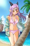  beach bikini bikini_under_clothes blush breasts cleavage day dragon_girl dragon_quest dragon_quest_x earrings embarrassed estella_(dq10) front-tie_bikini front-tie_top headpiece hood hoodie horns jewelry long_hair looking_at_viewer medium_breasts necklace ocean open_clothes open_hoodie outdoors palm_tree pink_bikini pointy_ears purple_hair scales side-tie_bikini sleeves_past_wrists smile solo swimsuit tree ur_(wulfa) wind yellow_eyes 