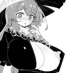  ajirogasa bangs bead_necklace beads blush breasts dress dripping embarrassed greyscale hand_up hat hijiri_byakuren huge_breasts jewelry lactation long_hair looking_at_breasts looking_down monochrome necklace nipple_slip nipples nose_blush open_clothes open_dress prayer_beads puffy_nipples solo torso_(hjk098) touhou upper_body 