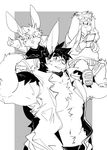  anthro biceps black_and_white chest_tuft clothed clothing donovan facial_hair father father_and_son flip_(kokuhane) fur kokuhane lagomorph male mammal monochrome muscular muscular_male parent pecs rabbit shirt son tuft young 