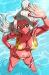  bikini breasts contrapposto dragon_quest dragon_quest_x earrings hand_on_hip horns jewelry large_breasts long_hair maiyu_(dq10) ocean ogre_(dq10) pink_lips pointy_ears ponytail red_skin shoulder_spikes smile solo spikes standing swimsuit tail tattoo thigh_strap ur_(wulfa) very_long_hair wet white_hair 