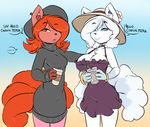  2016 alolan_vulpix anthro beverage blue_eyes blue_sclera bracelet breasts chest_tuft cleavage clothed clothing coffee cousin dialogue duckdraw duo english_text female flower fur gloves_(marking) hair hat inner_ear_fluff ivanna jewelry looking_at_viewer markings multi_tail nintendo open_mouth orange_fur orange_hair petra_(duckdraw) plant pok&eacute;mon red_eyes red_fur regional_variant smile sweater text thick_bottom_lip tuft video_games vulpix white_fur white_hair 