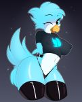  2019 anthro armwear avian beak big_butt bird blue_eyes blue_feathers blush breasts butt clothed clothing digital_media_(artwork) elbow_gloves feathers female fur gloves hair hi_res legwear looking_at_viewer midriff navel nipple_bulge one_eye_closed open_mouth shirt simple_background smile solo t-shirt thick_thighs thigh_highs thong tongue tweetfur twitter voluptuous wide_hips wink xorza 
