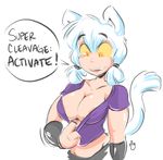  2016 animal_humanoid areola armor breasts cat_humanoid cleavage clothed clothing duckdraw english_text feline female fur gauntlets gloves hair humanoid mammal midriff nipple_bulge open_mouth shirt simple_background slit_pupils smile snowy_(duckdraw) solo speech_bubble tank_top text thick_bottom_lip white_background white_fur white_hair yellow_sclera 