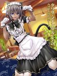  alternate_costume animal_ears apron blue_eyes brown_hair cat_ears cat_tail check_translation commentary_request dark_skin dutch_angle enmaided eyebrows_visible_through_hair eyes_visible_through_hair fang frills happy_birthday indoors kneeling looking_at_viewer maid maid_apron maid_headdress muvluv muvluv_alternative muvluv_total_eclipse official_art open_mouth paw_pose puffy_sleeves ribbon short_hair short_sleeves solo soyosoyo tail tarisa_manandal text_focus thighhighs translation_request white_legwear wrist_cuffs 