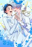  ^_^ alcohol bad_id bad_pixiv_id black_hair blue_flower blue_rose bodysuit brown_eyes champagne champagne_flute closed_eyes cup drinking_glass epaulettes flower hair_slicked_back hands_together head_wreath katsuki_yuuri male_focus multiple_boys naruko_(nalcoro) open_mouth petals rose silver_hair smile sparkle viktor_nikiforov yuri!!!_on_ice 