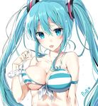  aqua_eyes aqua_hair artist_name bikini bikini_top breasts cleavage front-tie_top hatsune_miku long_hair medium_breasts pinb solo strap_pull striped striped_bikini striped_bikini_top swimsuit tongue tongue_out twintails upper_body very_long_hair vocaloid wet white_background 