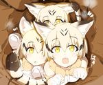  animal_ears bare_shoulders blonde_hair bow bowtie brown_hair cat_ears cat_girl cat_tail commentary elbow_gloves eyebrows_visible_through_hair gloves jpeg_artifacts kemono_friends looking_at_viewer multicolored_hair multiple_girls open_mouth paw_pose photo-referenced sand_cat_(kemono_friends) short_hair streaked_hair striped_tail tahita1874 tail yellow_eyes 
