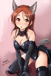  animal_ears arm_support artist_name black_legwear black_leotard breasts cleavage cleavage_cutout dog_ears dog_tail halterneck haruhata_mutsuki iron_cross kneeling leotard long_hair looking_at_viewer medium_breasts minna-dietlinde_wilcke parted_lips playboy_bunny_leotard red_eyes red_hair signature skindentation sleeveless solo strike_witches tail thighhighs twitter_username world_witches_series wrist_cuffs 