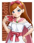  bare_shoulders blue_eyes blush bow box cape dragon_quest dragon_quest_x dress earrings hairband hand_on_hip heart-shaped_box ichikawa_masahiro jewelry long_hair looking_at_viewer orange_hair pink_bow pink_cape ring rizerotta_(dq10) sash smile solo upper_body valentine white_dress 